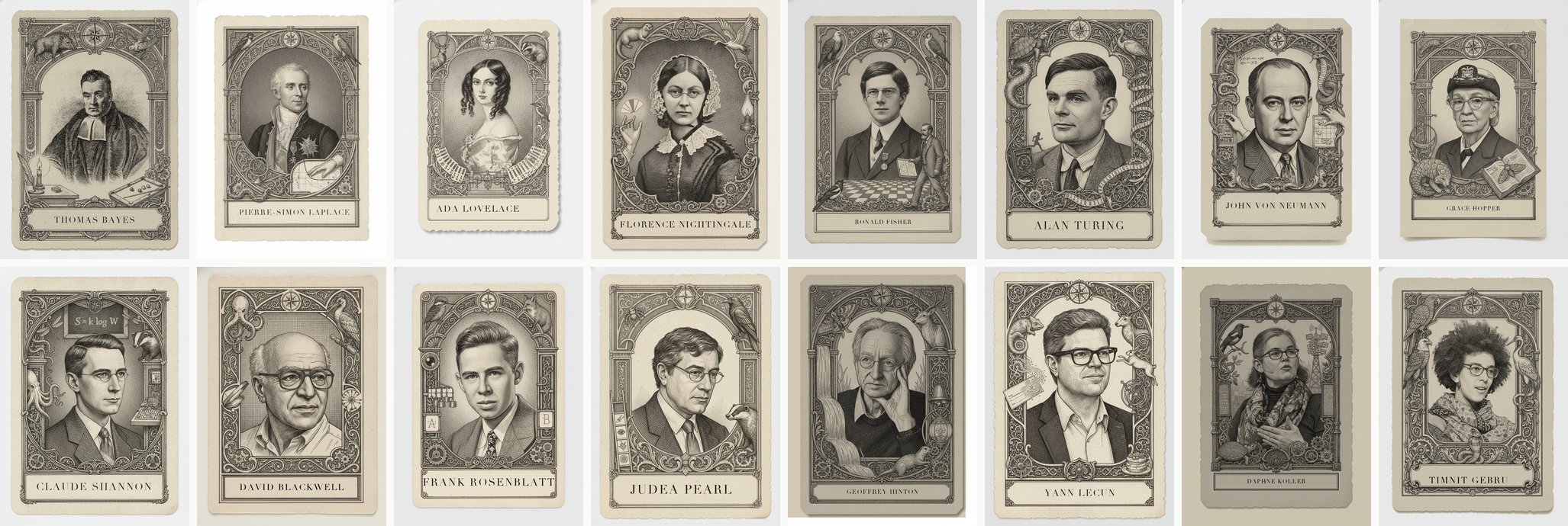 Sixteen of the game's historical personas, Bayes to Gebru