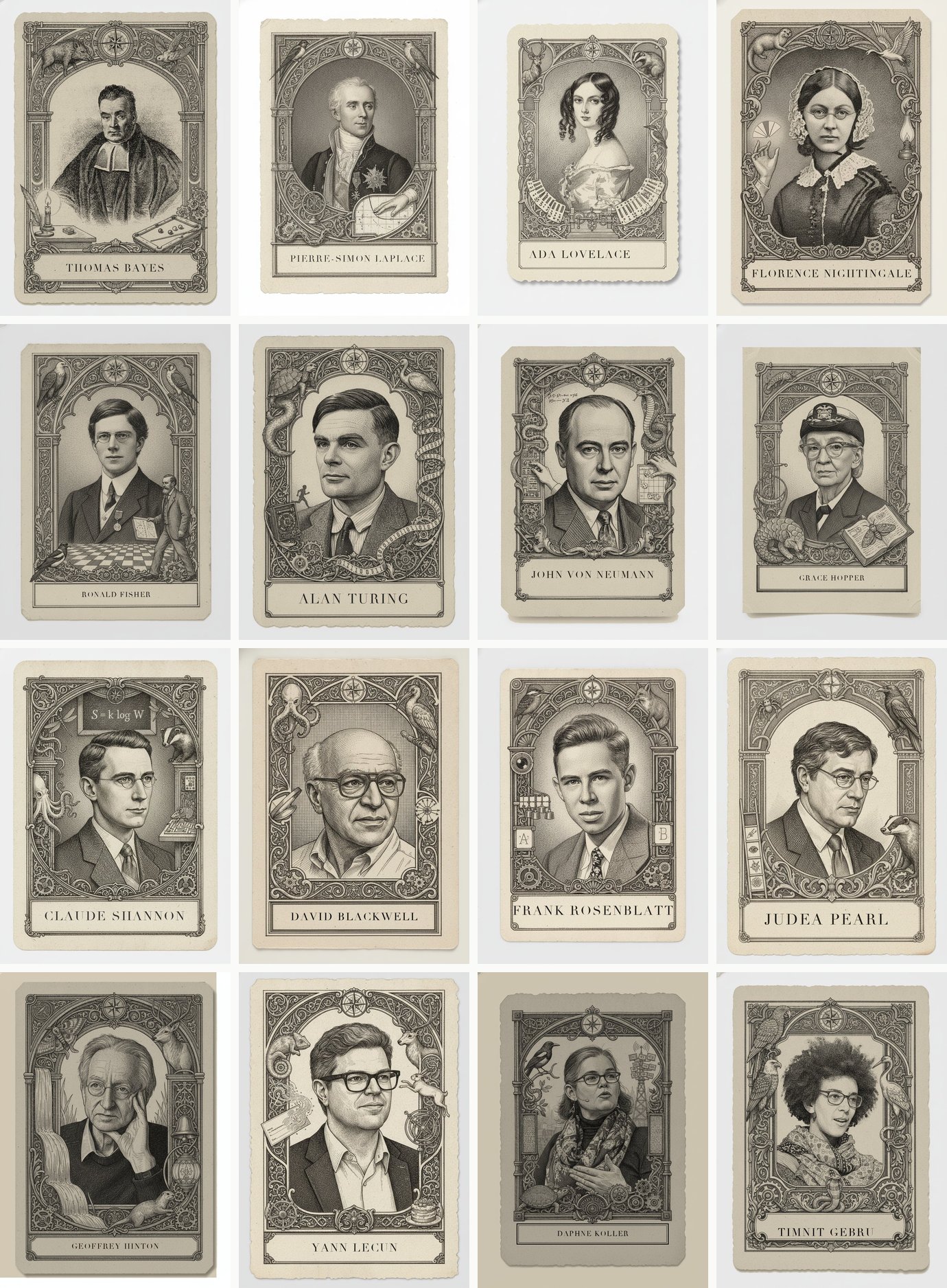 Sixteen of the game's personas, Bayes to Gebru